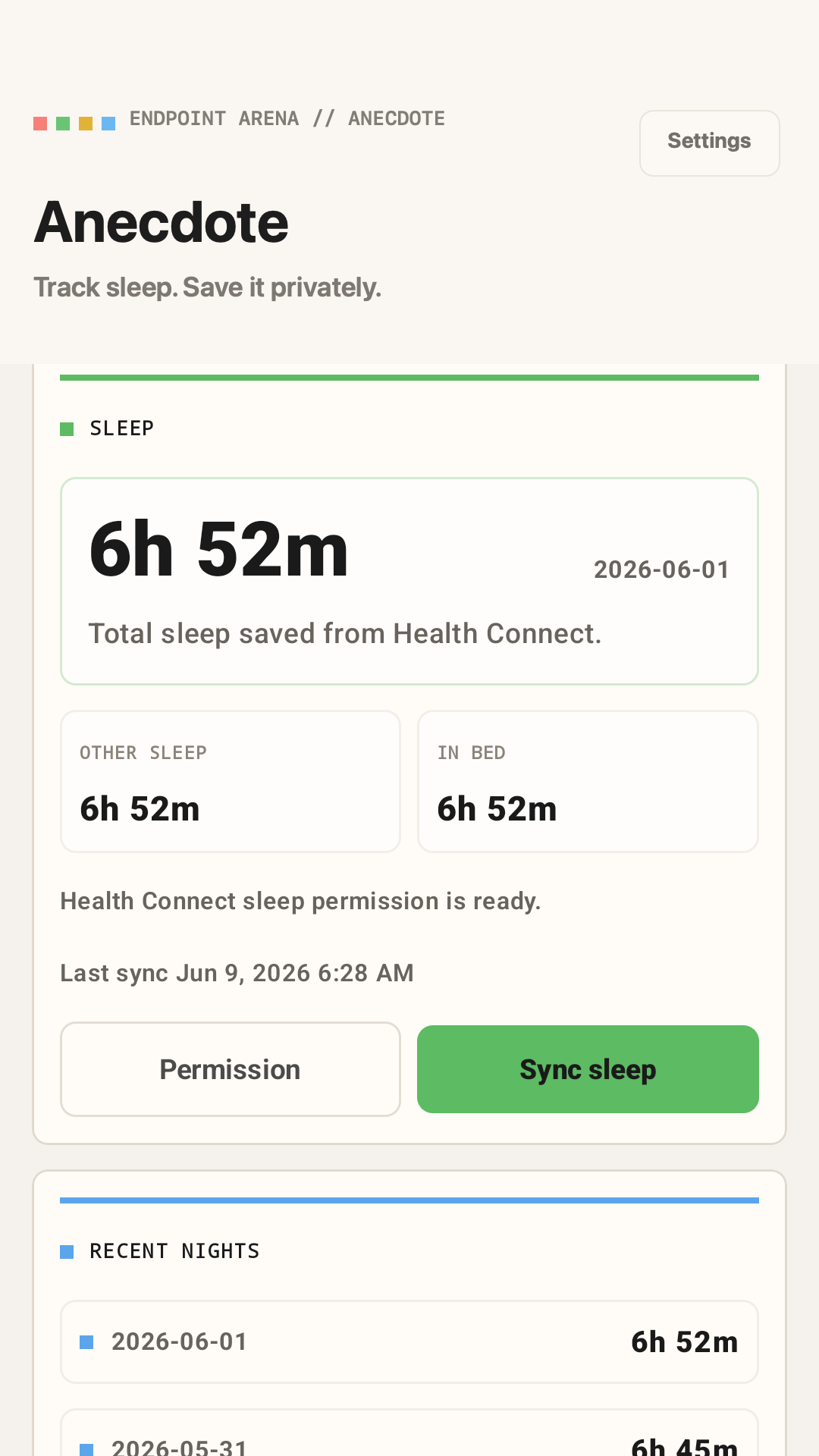 Anecdote sleep dashboard showing a saved Health Connect night