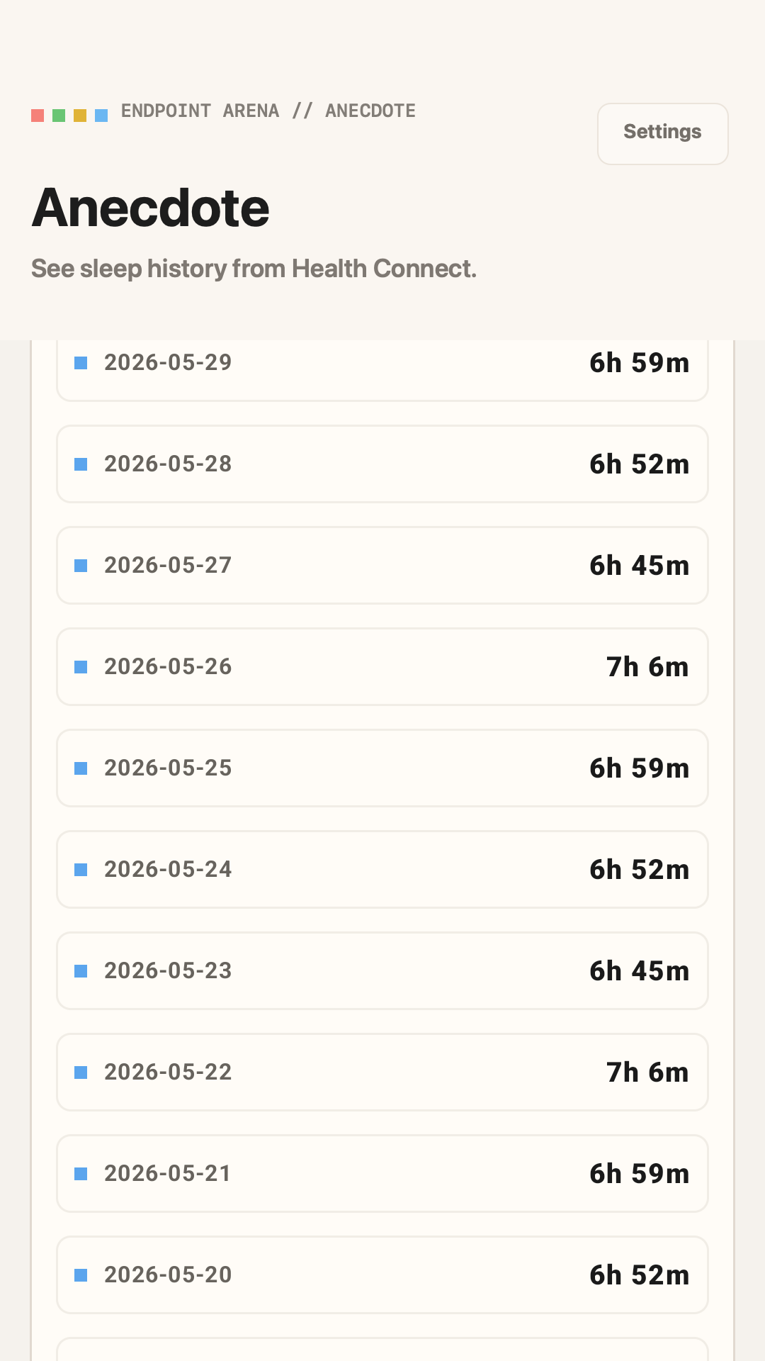 Anecdote recent nights list with daily sleep totals